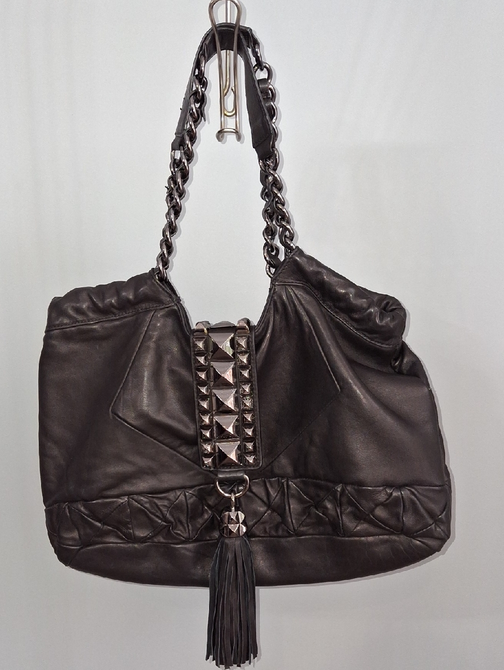 Black Stud-Embellished Lamb Leather Shoulder Bag with Tassel And Chain Accents